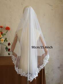 1件短款百搭水溶性蕾絲單層新娘面紗，柔軟網紗婚禮面紗配件，附髮梳 - 彩色 - 查看 6