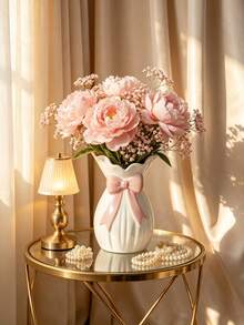 Elegant White Vase With Red Bow, Suitable For Hydrangea, Peony, Rose Bouquets, Modern Home Decor, Tabletop Centerpiece, Wedding Gift, Living Room Accent, Fashionable Style - Multicolor - View 7