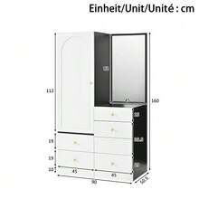 Multifunctional Vanity And Wardrobe Combination With Pull-Out Stool, Full-Length Mirror, Divided Drawers For Makeup, Bedroom Storage Cabinet Made Of MDF, Round Iron Handles - Black,White - View 2