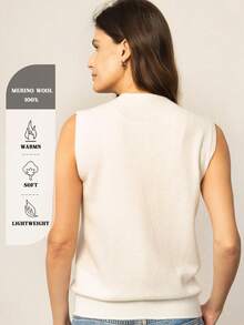100% Pure Merino Wool Women's Vest, Stand Collar Sleeveless Knit Tank Top, Wool Base Layer Pullover, Basic Top, Women's Autumn Sweater Casual - Beige - View 2