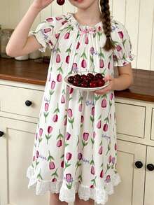 Summer Girls' Tulip Print+Bow Decoration Bubble Short Sleeve Sleeping Dress With Gentle/Fresh Girlish Atmosphere,Soft Fabric,Girls' Little Fresh Dress - Pink - View 2