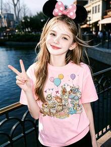 Zootopias Birthday Series Print, Cute, Fresh, And Fashionable Girl Round Neck T-Shirt, Made Of 100% Cotton - 粉色 - 查看 1