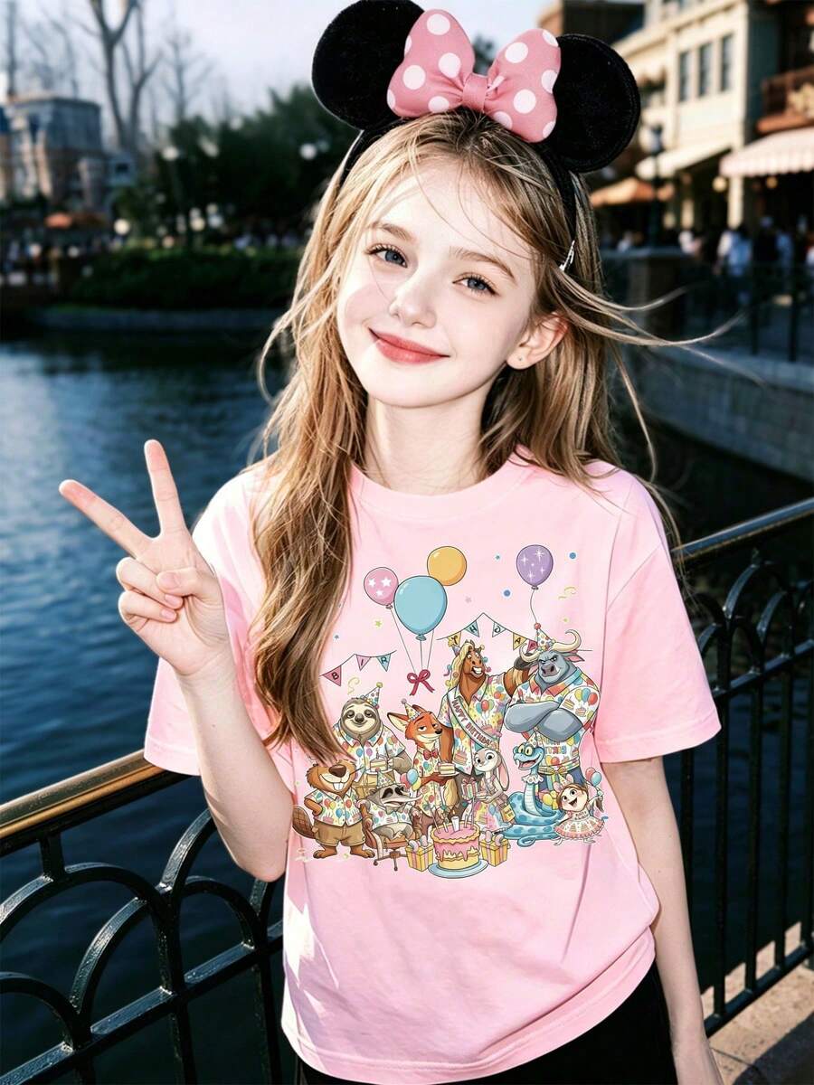 Zootopias Birthday Series Print, Cute, Fresh, And Fashionable Girl Round Neck T-Shirt, Made Of 100% Cotton - 粉色 - 查看 1