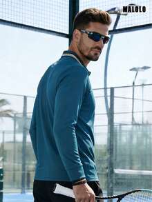Men's Teal Long Sleeve Polo Shirt, Contrast Striped Collar, Regular Fit, Classic Casual Golf Work Everyday Basic Top - Teal Blue - View 5