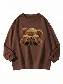 Women's Cute Teddy Bear Print Long Sleeve Crew Neck Pullover Sweatshirt, Ribbed Knit Detail Street Casual Versatile Sweatshirt Brown Fall - Brown - View 8