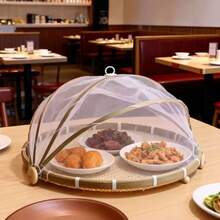 1pc Woven Food Service Tent Basket, Outdoor Bamboo Mesh Fruit Tray With Lid, Picnic Storage Dust-Proof Tool Basket - Beige - View 4