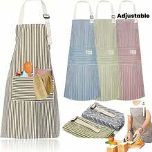 1pc Adjustable Kitchen Apron With Pockets, Striped Design, Unisex Chef Apron, Suitable For Kitchen, Gardening, Restaurant, BBQ, Coffee Shop - A - View 2