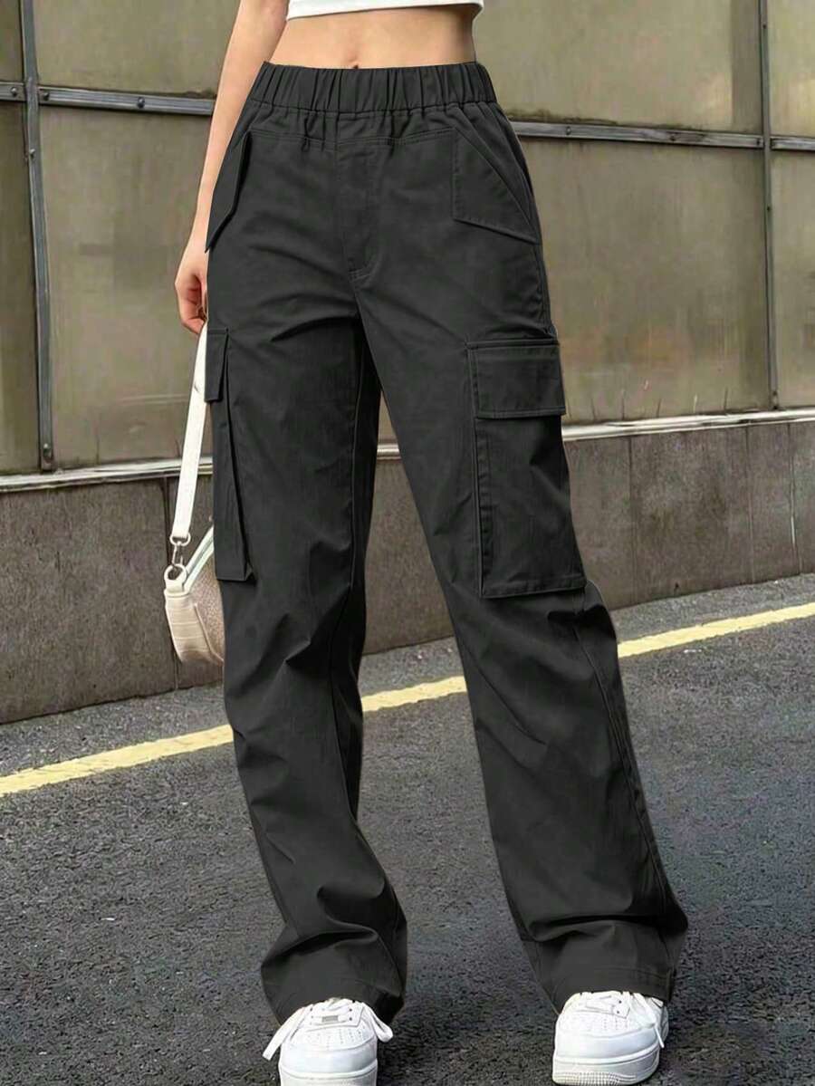 1pc Girls' Teen Fashion Personalized Straight Leg Cargo Pants With Pockets, Long Pants For Spring, Summer, Autumn, Winter - Black - View 1