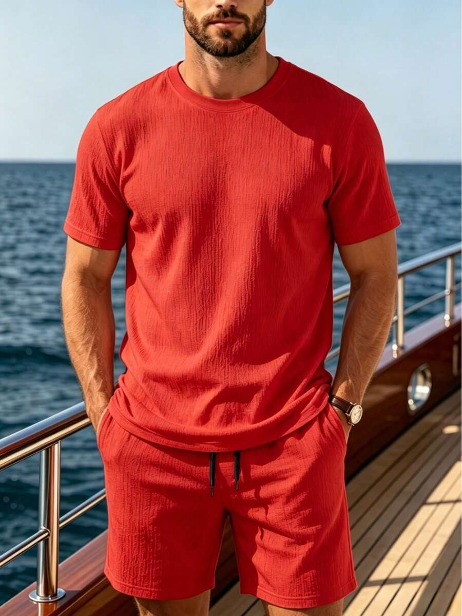 JINYA Men's Summer Daily Minimalist Casual Vacation Light Sporty Short Sleeve Straight Leg Set Home Outdoor City Regular Street Casual Vacation Youth Simple Campus Vintage Versatile Textured Elegant Personalized Sport - Red - View 1