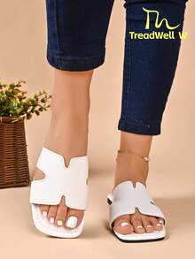 ThreadWell W 2026 Summer New Fashion Essential Flat Slide Sandals, Double Cross Cut-Out Wide Strap Open Toe Square Toe Contrast Stitching Soft PU Slip-On Ultra Lightweight Casual Style Suitable For Outdoor Beach Stroll Vacation Daily Commute - White - View 5