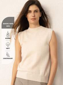 100% Pure Merino Wool Women's Vest, Stand Collar Sleeveless Knit Tank Top, Wool Base Layer Pullover, Basic Top, Women's Autumn Sweater Casual - Beige - View 4