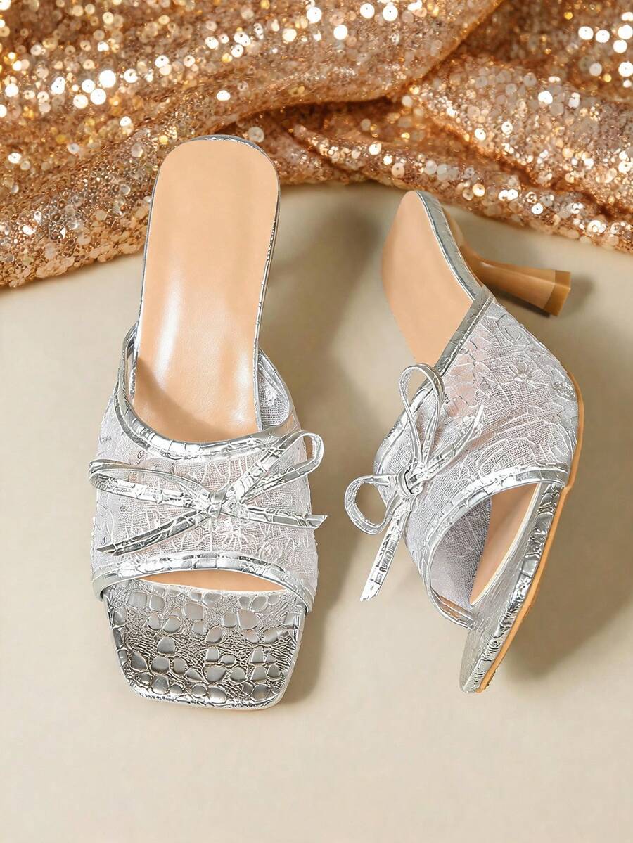 Women's Transparent Rhinestone Strap Pearl Bow Multi-Color Elegant Versatile New Square Toe Chunky Heel High Heel Sandals