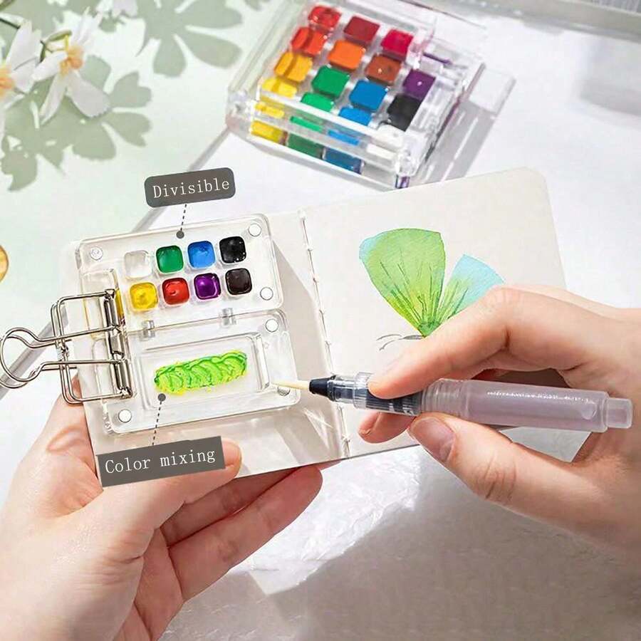 1pc 8-Slot Palette Box 15-Slot Palette Box Portable Mini Watercolor Paint Box Suitable For Sketchbook Travel Painting - Multicolor - View 1