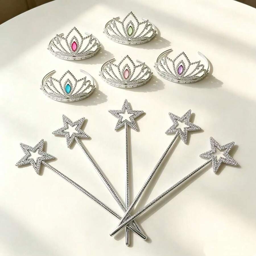 5套銀色星星魔杖與楓葉皇冠服裝配件組，包含5支銀色星星魔杖與5個楓葉皇冠，公主生日派對角色扮演服裝，多色百搭節日裝飾道具 - 銀色 - 查看 1