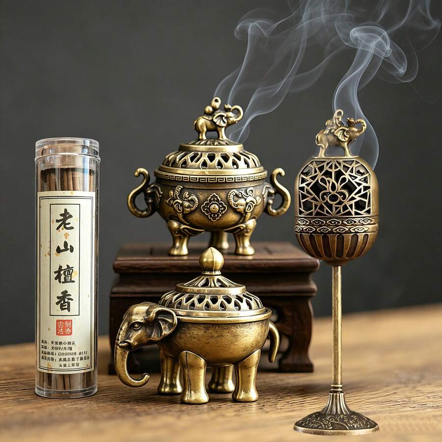 CHIGO 3pcs Elephant Shaped Vintage Metal Incense Burner/Incense Holder, Suitable For Home Decor Aromatherapy Tools And Zen Incense Burner, With Dual Function Of Holding Incense Sticks And Collecting Ash, Suitable For Aromatherapy And Meditation Scenes