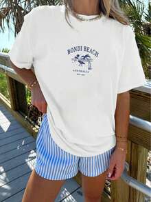 女款夏季 Bondi Beach 印花休閒簡約寬鬆日常街頭風短袖 T-shirt 上衣，沙灘上衣 白色 - 白色 - 查看 3