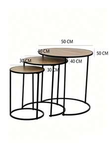 Three Pieces Nested Iron Side Table Set With Round Wooden Tabletops Of Staggered Sizes, Stackable For Space-Saving Use. Ideal As Sofa Side Tables In Living Rooms, Sturdy And Wear-Resistant, With Tiered Dimensions To Meet Diverse Storage Needs. - Random Color - View 8