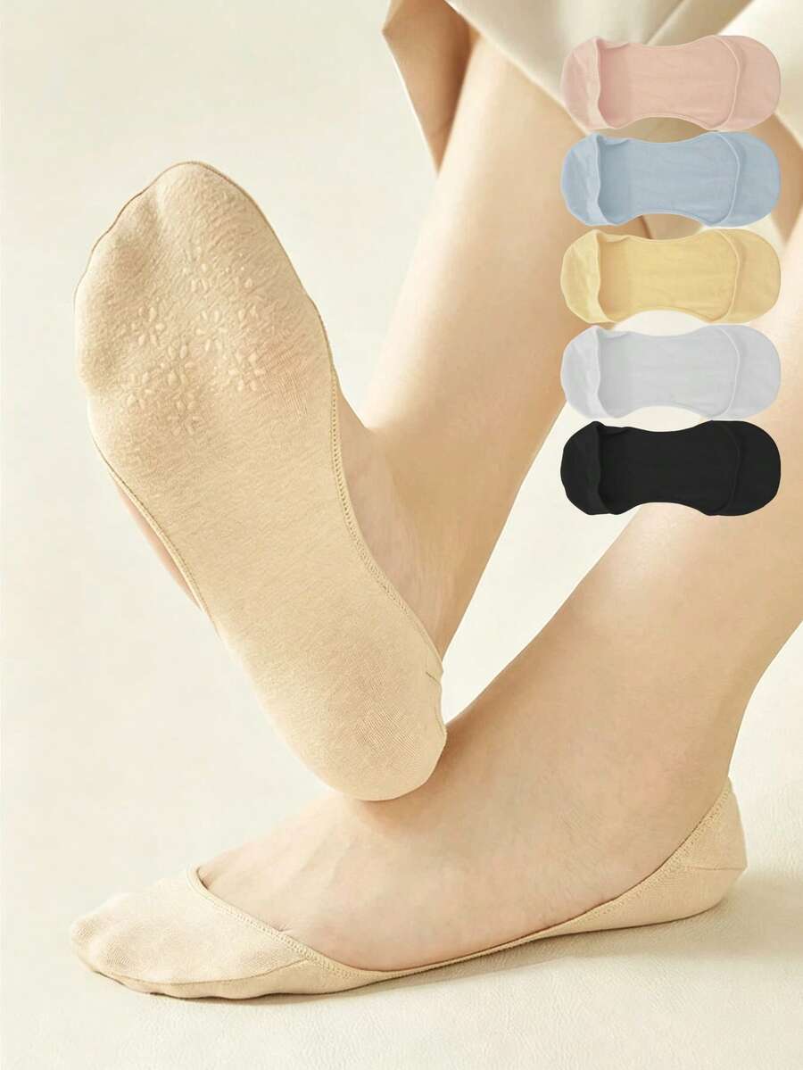 chuanwa（2） 1/5/10 Pairs Solid Color Women's Invisible Socks, Silicone Non-Slip, Breathable Thin Low-Cut Boat Socks