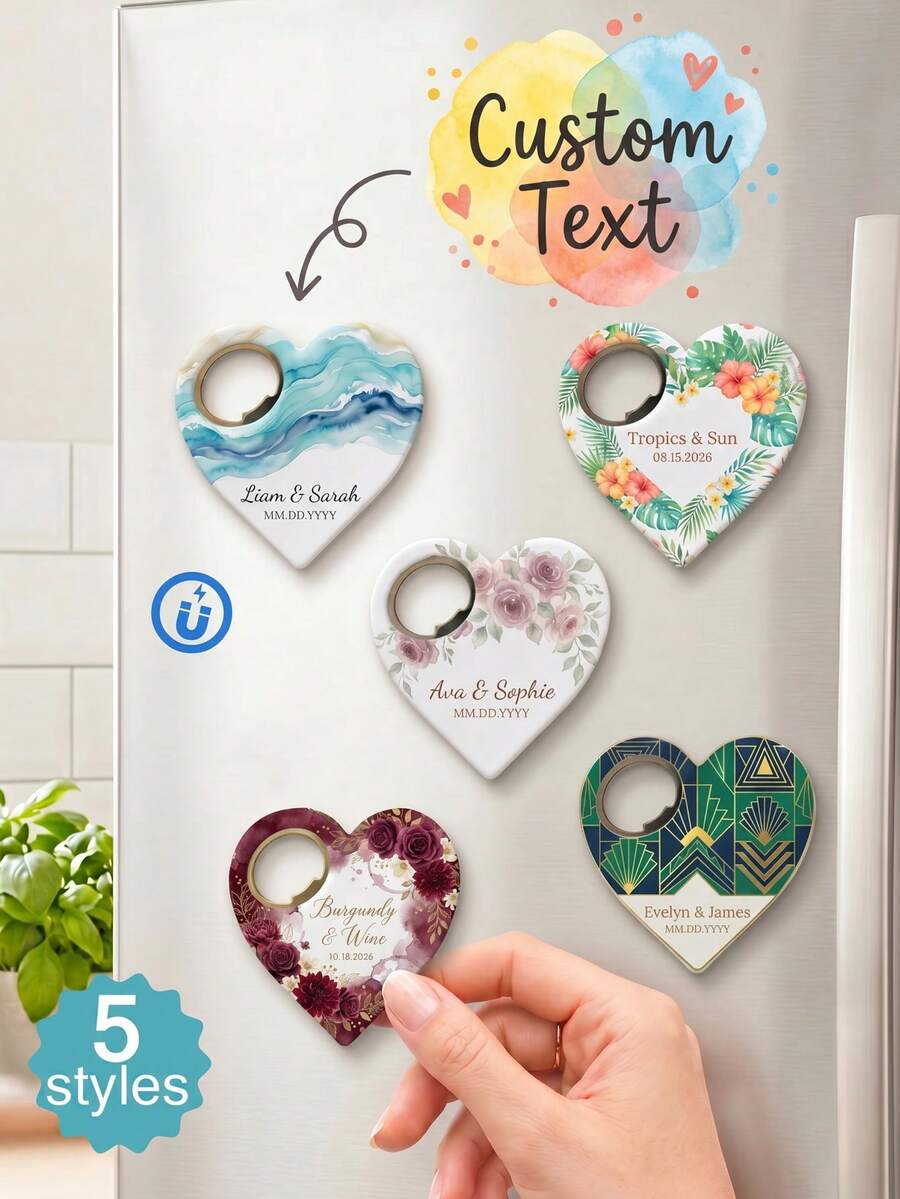 1pc Customized Heart-Shaped Magnetic Bottle Opener Fridge Magnet - Wedding Guest Souvenir, Engagement Party Commemorative Gift, Anniversary Gift, Wedding Room Fridge Decoration. - Multicolor - View 1