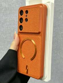 Luxury Vintage Litchi Texture Magnetic Wireless Charging Phone Case, Compatible With Galaxy S26Ultra S26Plus S25Ultra S24Ultra S25 S24 Plus, Large Window Lens Protection, PU Leather Shockproof Soft Back Shell - Orange - View 3