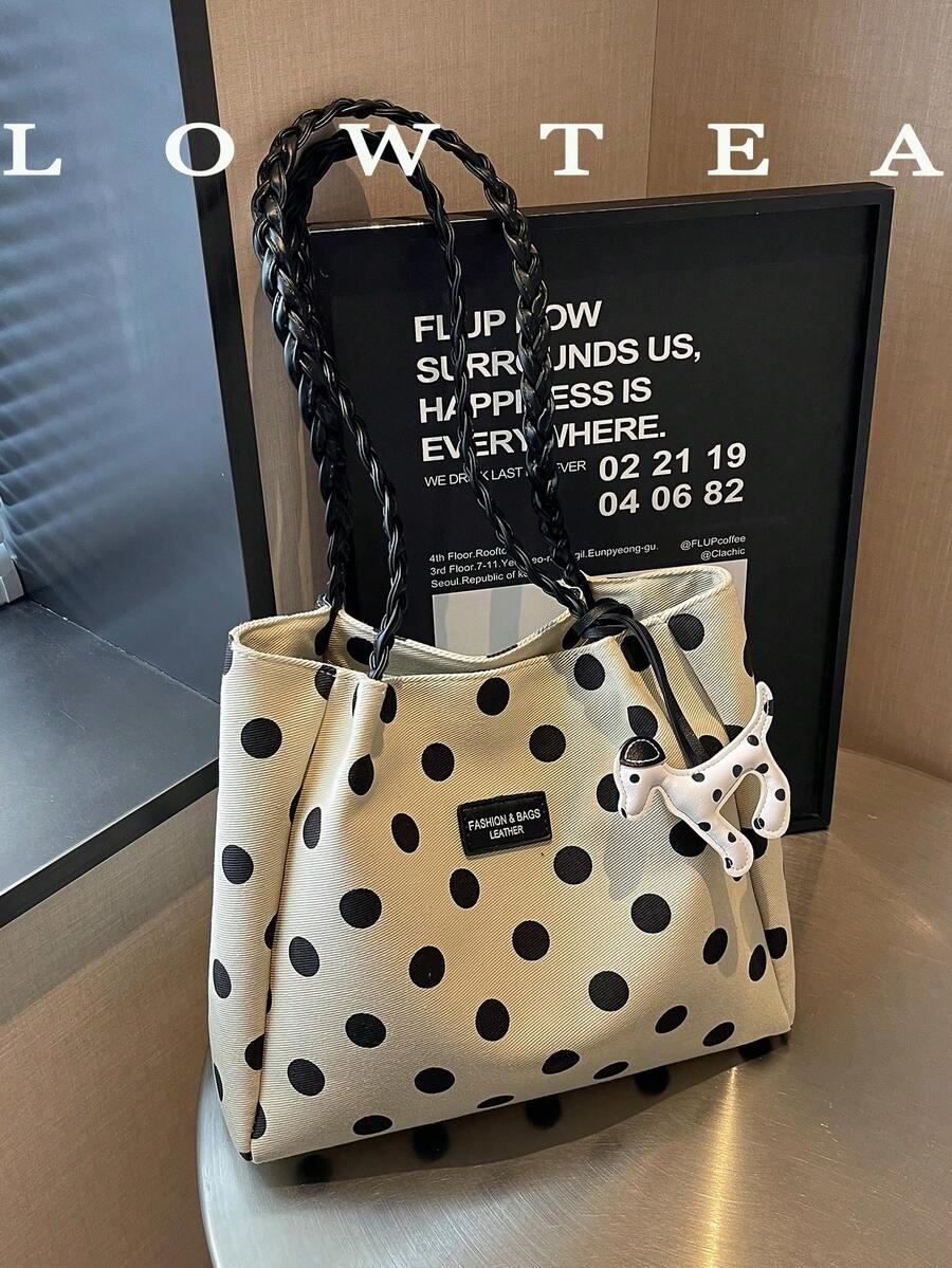 Afternoon Tea/Low Tea 1pc Colorblock Fabric Large Capacity Shoulder Tote Bag With Zipper Closure, All-Over Polka Dot Pattern, Fashionable For Commuting, Travel, Shopping, Dating, Suitable For Office, College, Work, Business, Commuting, Outdoor, Travel, Outing (Sold With Pendant) - Black and White - View 1