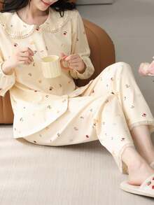 2pcs/Set Women's Open Front Pajama Set With Ruffle Trim, Long Sleeve, Skin-Friendly Home Wear For Spring And Autumn - Mustard Yellow - View 2
