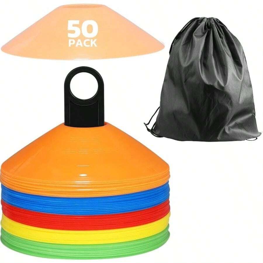 Juego de 50 conos de disco de agilidad para fútbol con bolsa de transporte, soporte para conos de disco, conos de disco para ejercicios, conos de disco para deportes, conos de disco mini para fútbol - Multicolor - Ver 1