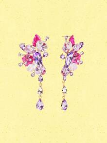 Popjeli 2pcs Fashionable & Elegant Exaggerated Flower Stud Earrings With Rhinestone Encrusted Purple Teardrop Pendant, Suitable For Women's Daily - Purple - View 3