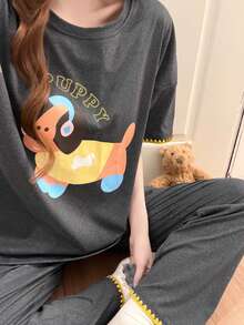2pcs/Set Women's Pajamas Homewear Set, Cute Puppy Print Pullover Round Neck Fashion Short Sleeve Solid Color Long Pants, Easy Care Fabric - Grey - View 4