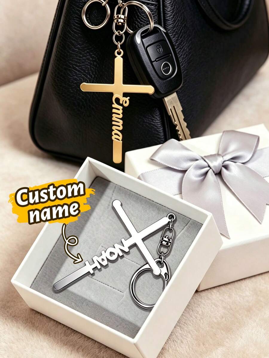 Custom Cross Keychain, Minimalist Faith Key Chain For Purse Car Keys Daily Carry, Personalized Name Gift For Women Men, Customized Name Cross Keychain - Style a - View 1