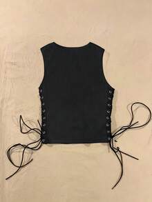 Women's Black Rhinestone Pentagram Cropped Tank Top, Y2K Subculture Side Eyelet Lace-Up Sleeveless Top - Black - View 2