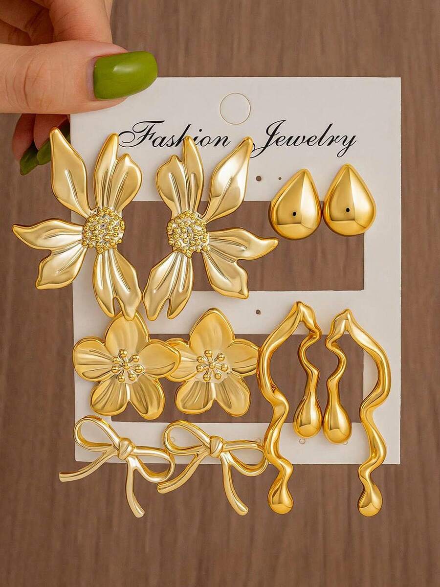 5 Pairs Gold-Plated CCD Texture Flower Bow Water Drop Curved Earrings Gift Set For Girls - Gold - View 1