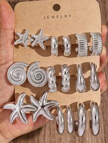 3/9 Pairs Large C-Shape/Starfish/Shell Shaped Silver-Plated Women's Earrings Set, Suitable For Beach Vacation And Daily Wear - Silver Gray - View 11