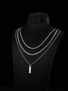 Men's 3 PiecesLayered Necklace Set: Stylish Hip-Hop Style Stainless Steel Twisted Rope Chain & Cuban Chain With Rectangular Pendant - Multicolor - View 6