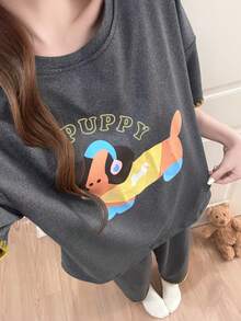 2pcs/Set Women's Pajamas Homewear Set, Cute Puppy Print Pullover Round Neck Fashion Short Sleeve Solid Color Long Pants, Easy Care Fabric - Grey - View 2