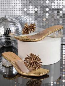 1 par eleganta casual sommarsandaler för dam i guld med strass, fyrverksdekor, transparent rem, blockklack, slip-on mules med öppen tå, mångsidiga skor - Guld - Visa 6