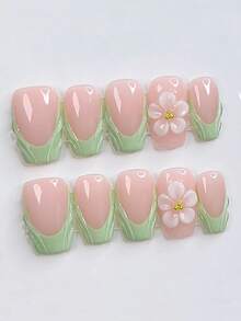10pcs Green French Square Y2K Hot Girl Style Minimalist Versatile 3D Floral Handmade Press-On Nails Cute Girl Nail Art Supplies - Green - View 4