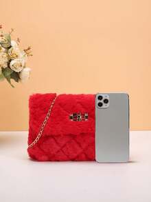 Nuova borsa a tracolla versatile e soffice da donna con cinturino a catena, piccola borsa quadrata da spalla con chiusura - Rosso - Visualizzare 3