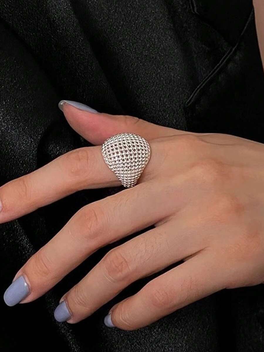 1pc Women's Cool Tone Mesh Hollow Minimalist Open Ring, Fashionable Tennis Style High-End Niche Designer Finger Jewelry, Suitable For Vacation And Night Out - Silver - View 1