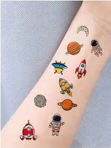 12pcs Cartoon Space Rocket Temporary Waterproof Tattoo Stickers, Astronaut Realistic Tattoo Decals, Fun Party Gifts - Multicolor - View 4