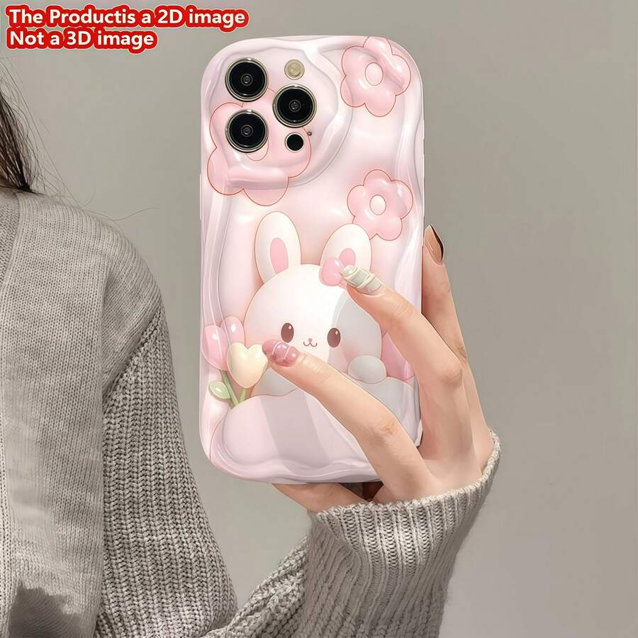 Creative Girly Pink Floral Cute Rabbit Pattern Wavy Cream TPU Soft Silicone Asymmetric Screen Edge Protection Phone Case Compatible With Samsung A14/A15/A16/A17/A04/A05/A06/A07/A54/A55/A56/A57/A34/A35A/36/A37/S26/S26Plus/S26Ultra/Transsion SMART7/8/9/10/Honor 400/400Pro/200/200Pro/X7C/X8C/X9C/ 10C/13C - White - View 1