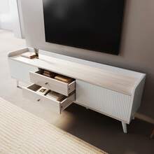TV Stand With Two Drawers, TV Table, Low TV Board With Two Sliding Doors. Black And Natural Wood - 白色 - 查看 2