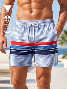 F8302K Bañador Hombre de Rayas Rojas y Rayas Azules, Short de Playa de Secado Rápido con Cordón Ajustable - Azul - Ver 1