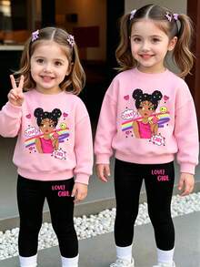Baby Girl Cartoon Print Round Neck Long Sleeve Top And Leggings - Pink - View 1