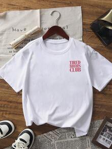 1件女款夏季寬鬆休閒短袖T恤上衣 INS Y2K 隨性運動風「TIRED MOMS CLUB」印花圖案T恤 白色 - 白色 - 查看 3