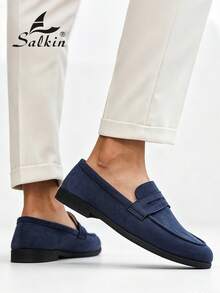Salkin 男士奢華設計師便貨樂福鞋 一腳蹬 純色柔軟麂皮休閒鞋 平價奢華適合現代生活 舒適透氣 防滑耐磨鞋底 時尚優雅紳士社交鞋 日常穿著 學生畢業典禮 學院風 商務正裝 男士辦公室派對宴會 春夏秋季，尺寸偏小，建議選擇大一號 - 藍色 - 查看 2
