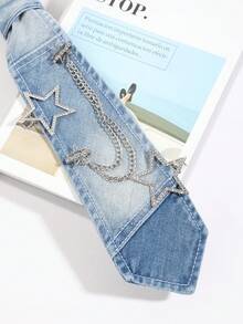 1PC Vintage Washed Light Blue Denim Tie With Rhinestone Star Chain, Y2K Millennium Hot Girl Shirt Decorative Mini Tie - Light Denim Stars - View 7