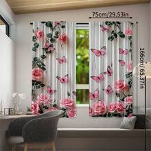 2pcs High Definition Digital Sweet Girl Style Pink Rose Butterfly Print Decorative Curtains, Polyester Material, Easy To Install, Rod Pocket Hanging, Semi-Transparent Privacy Protection, Machine Washable And Hand Washable, Suitable For Bedroom, Office, Kitchen, Living Room, Study, Home Decor. - Multicolor - View 16