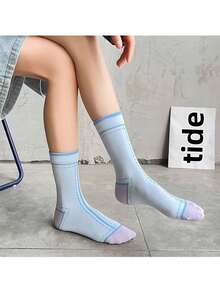 5 Pairs Women's Colorful Striped Mid-Calf Socks, Korean Style Fashion Sports Socks, Solid Color - Multicolor - View 4