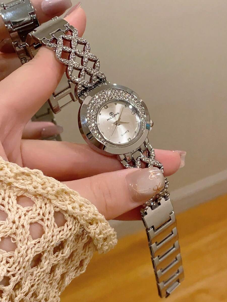 1件 金色/銀色女款手錶,極簡新風格,鑲鑽裝飾,優雅時尚休閒,百搭石英手錶,適合日常佩戴 - 銀色 - 查看 1